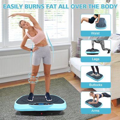 Woman using vibration plate exercise machine in living room, demonstrating home fitness equipment for weight loss and toning