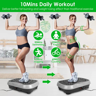Woman exercising on vibration plate with resistance bands, performing a full-body workout for fat burning and weight loss