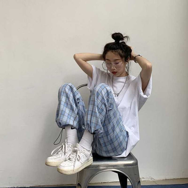 Plaid Drawstring Pants New Plaid High Waist Casual Pants Drawstring Sports Overalls Women