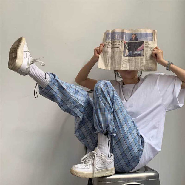 Plaid Drawstring Pants New Plaid High Waist Casual Pants Drawstring Sports Overalls Women