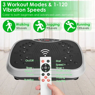 Close-up of vibration plate control panel with buttons for start, speed, mode, and timer, used for various workout modes