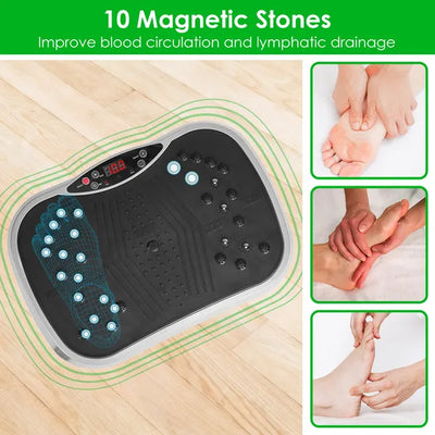 Vibration plate with blue LED lights and magnetic stones for blood circulation, shown with foot massage images