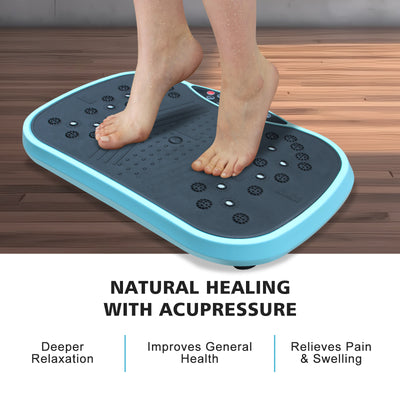 Close-up of vibration plate platform with dimensions 19.7 x 13.4 inches, black textured surface, and blue border for stability