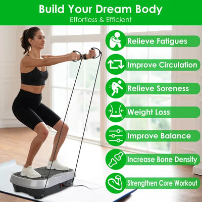 Woman using vibration plate for core workout, demonstrating benefits like fatigue relief, improved circulation, and weight loss