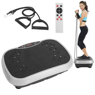 Vibration plate exercise machine with black textured surface, control panel, resistance bands, remote control, and a woman using it for fitness