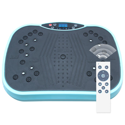 Black and blue vibration plate exercise machine with textured surface for whole body workout, digital display, and remote control included