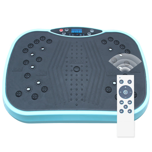 Black and blue vibration plate exercise machine with textured surface for whole body workout, digital display, and remote control included